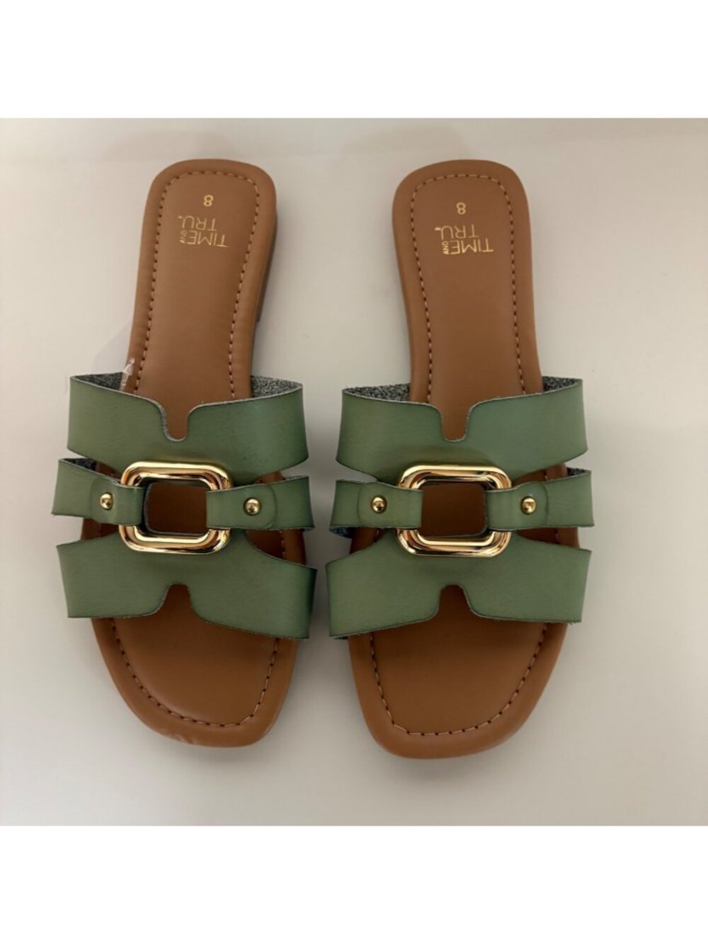 Time And Tru Sage Green Slide Sandals Womens Size 8 Gold Buckle Memory Foam